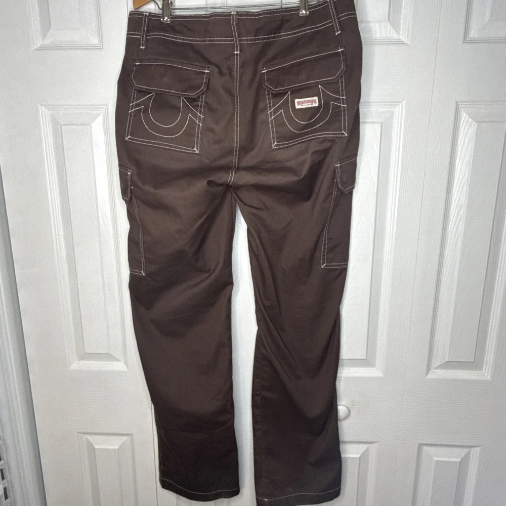 True Religion Baggy Cargo Pants 31 Brown Contrast Stitch Horseshoe Y2K Hip Hop